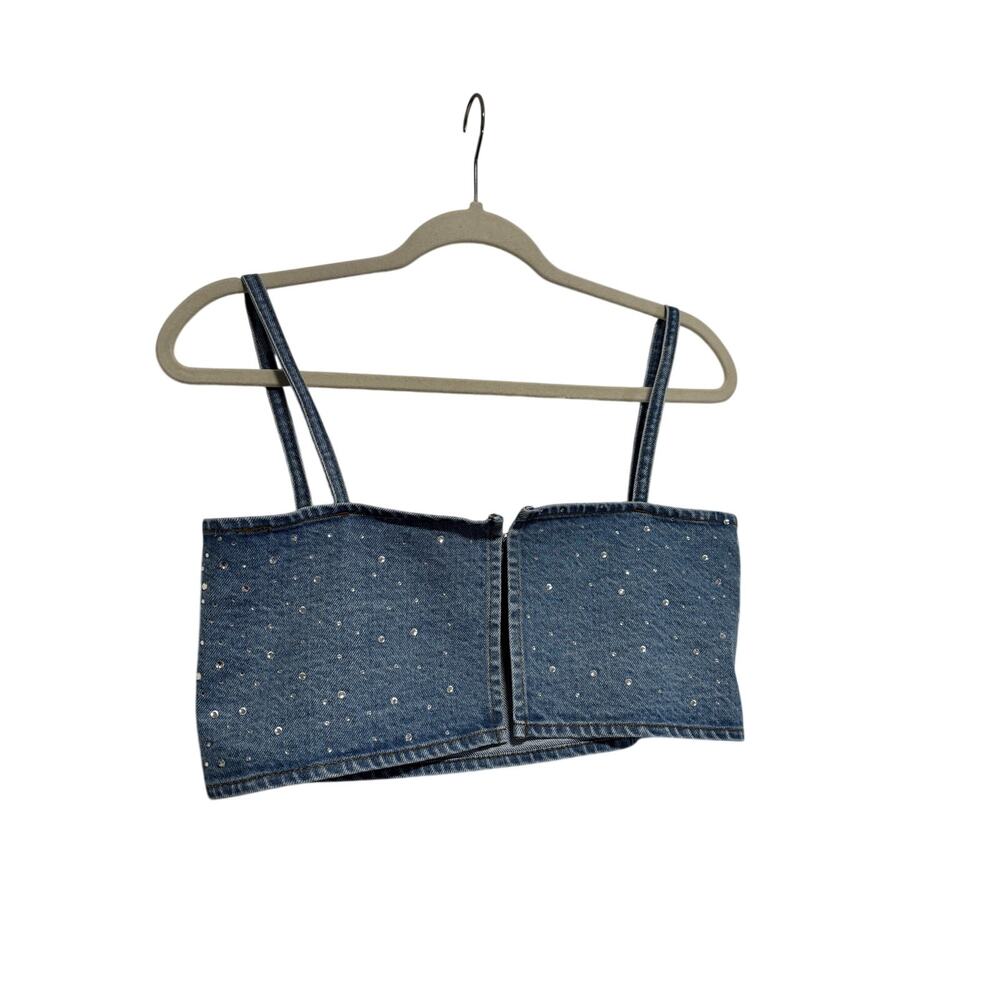 Zara Blue Denim Crystal Studded Crop Top S - Picture 8 of 8